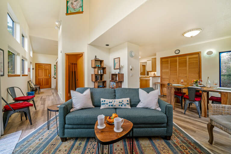 Living room with Gas Fireplace, TV, Queen sofa Sleeper, open to the dining area.  Living room with Gas Fireplace, TV, Queen sofa Sleeper, open to the dining area.