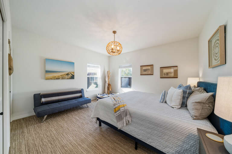 Lower King bedroom with additional futon and large closets. 