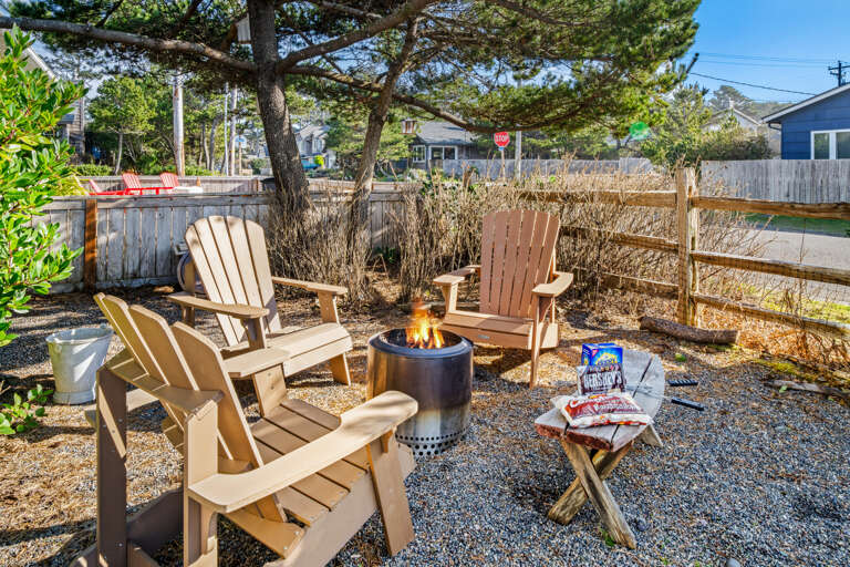 Front yard with deck and firepit 