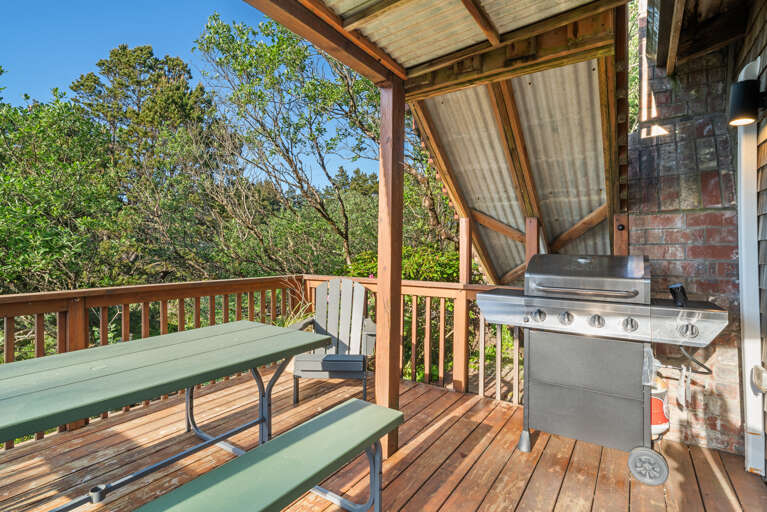 Outdoor deck with picnic table and Gas BBQ with access to the back yard 