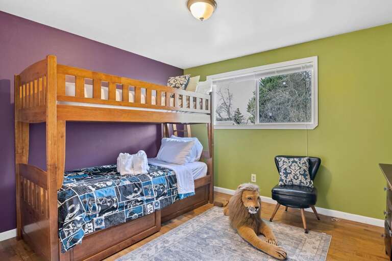 Bedroom 2 is on the upper floor, the last room on the right. It has one bunk bed with two Twin mattresses. Stuffed animal subject to change. Bedroom 2 is on the upper floor, the last room on the right. It has one bunk bed with two Twin mattresses. Stuffed animal subject to change.