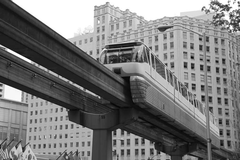 Enjoy the views from the downtown Monorail as it travels from Westlake Mall to Seattle Center. Enjoy the views from the downtown Monorail as it travels from Westlake Mall to Seattle Center.