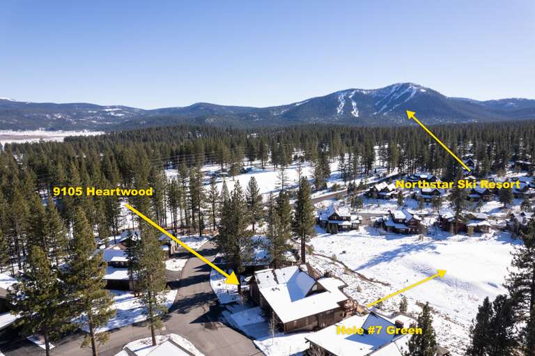 A stunning view of the home, nestled along the 7th green of Schaffer’s Mill Golf Course, with the rugged beauty of Lookout Mountain at Northstar Ski Resort providing a breathtaking backdrop.