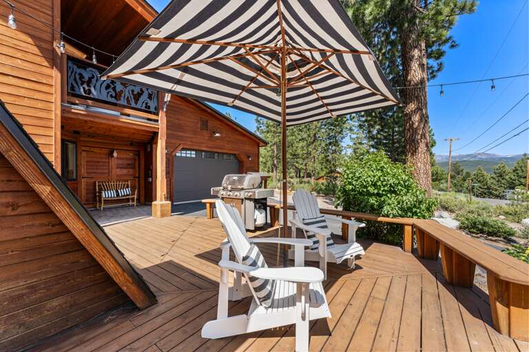 Breathe in the fresh mountain air. Grill, dine, and unwind on the spacious deck surrounded by towering pines with peek views of Northstar. Summer dinners and starry nights await. Please note: patio furniture and grill are available from May - October.