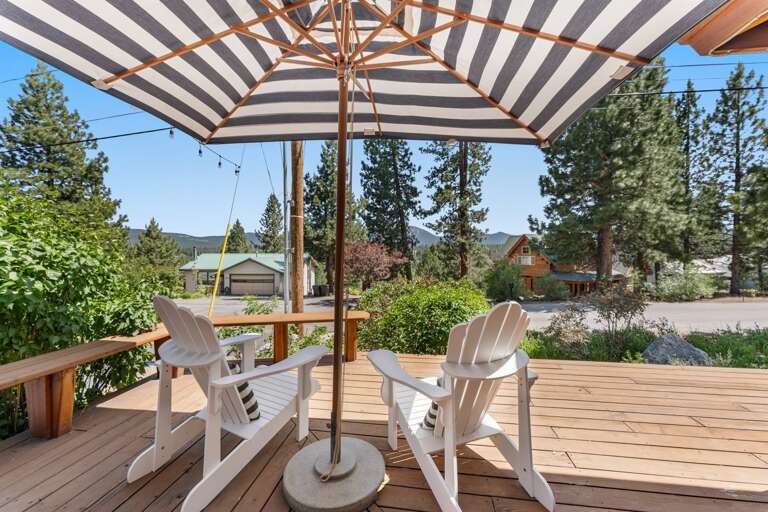 Breathe in the fresh mountain air. Grill, dine, and unwind on the spacious deck surrounded by towering pines with peek views of Northstar. Summer dinners and starry nights await. Please note: patio furniture and grill are available from May - October.