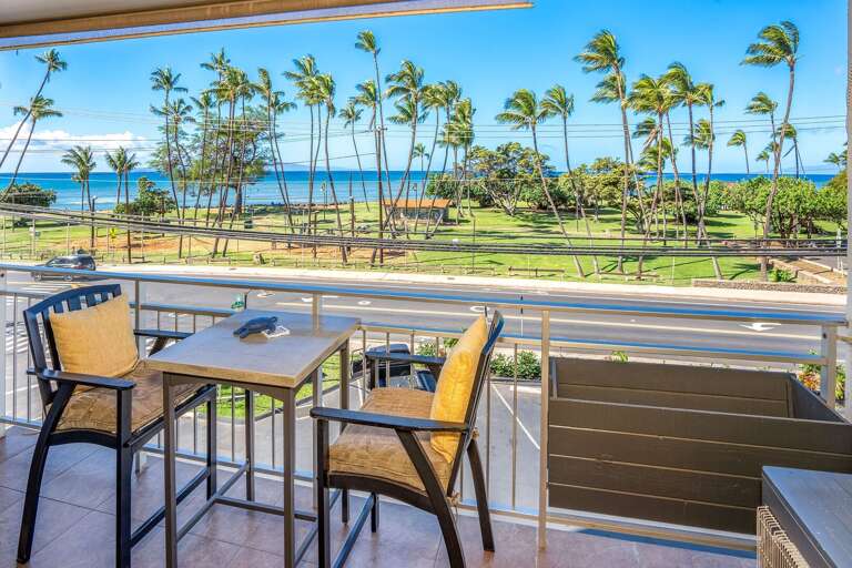 Balcony View, Palm Trees Swaying, Ocean Horizon Gleaming