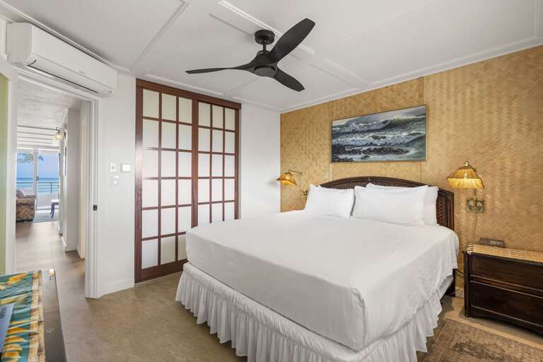 Bedroom, Bed, Sliding Doors, Painting, Ceiling Fan