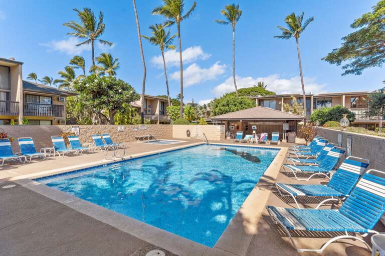 Poolside Paradise, Palm Panorama, Sunny Seating, Tranquil Tropical Vacation Rental Setting