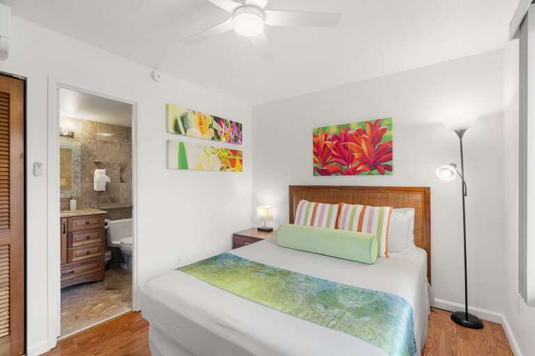 Bright Bedroom, Bold Bedding, Vivid Wall Art, Wooden Wardrobe