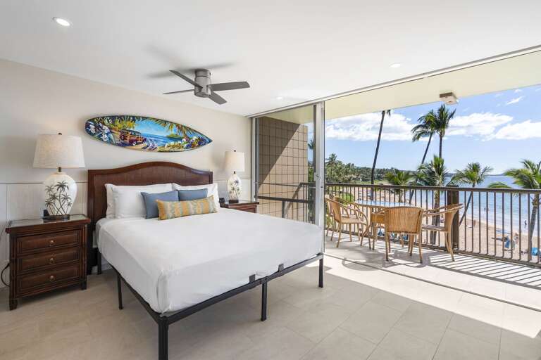 Bright Bedroom, Bed By Balcony With Tropical Trees View