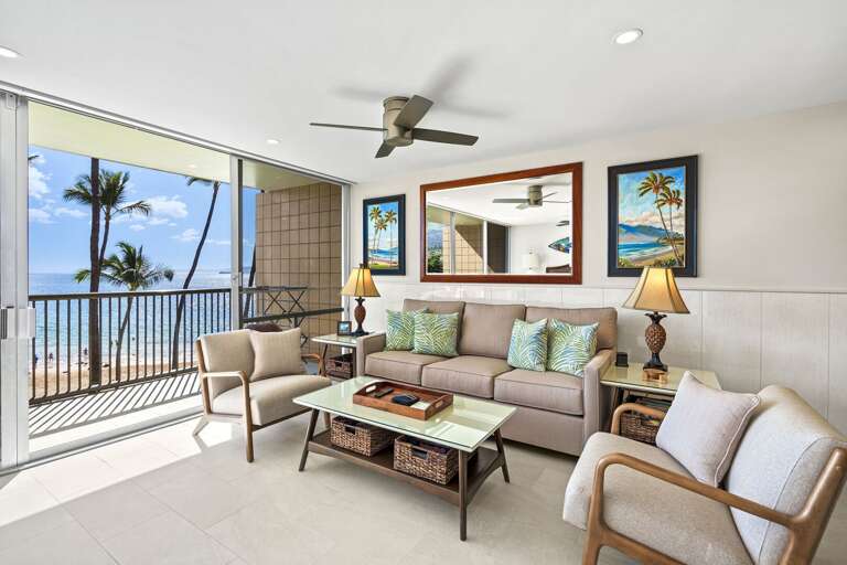 Seaside Vacation Rental Living Room Leading To Balcony With Ocean View
