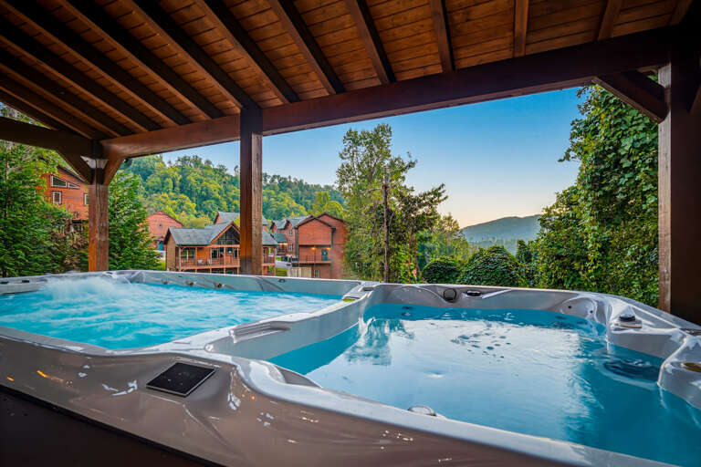 Covered hot tub and swim spa with Smoky Mouintain views