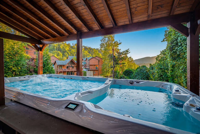 Covered hot tub and swim spa with Smoky Mouintain views