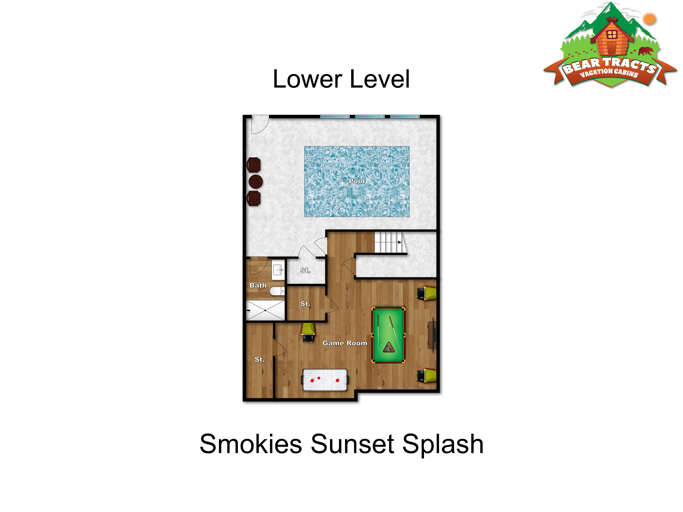 Floor Plan For Lower Level Of Smokies Sunset Splash Vacation Rental, Featuring Pool And Game Area