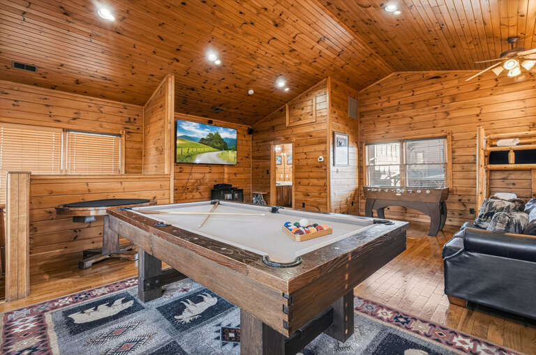 Rustic Room, Wooden Walls, Pool Table, Cozy Seating, Large TV