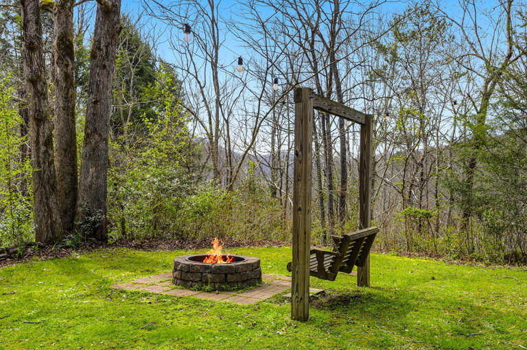 Firepit Flickers Beside Rustic Wooden Swing In Tranquil Woodland