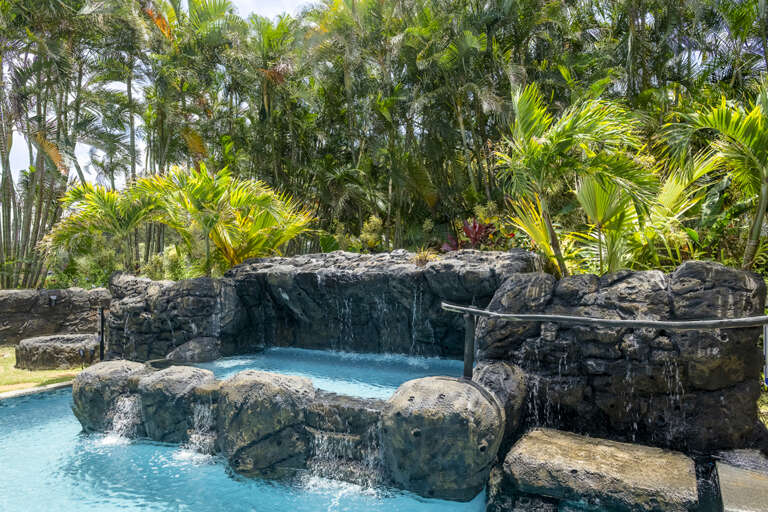 Tropical Pool Paradise, Palms Peek Playfully, Serene Splash Stones