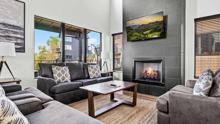 Main entry (middle level) living room, with modern, open kitchen, dining and living room. Living Room features gas fireplace, large SMART TV, and Wifi