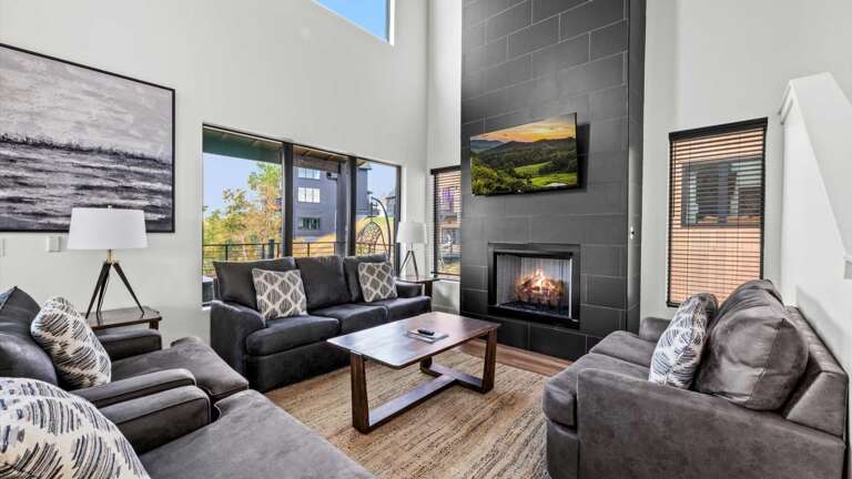 Main entry (middle level) living room, with modern, open kitchen, dining and living room. Living Room features gas fireplace, large SMART TV, and Wifi
