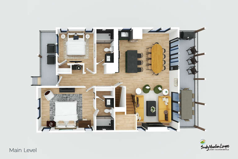 Top-down View Of A Residential Layout With Varied Living Spaces And Furnishings