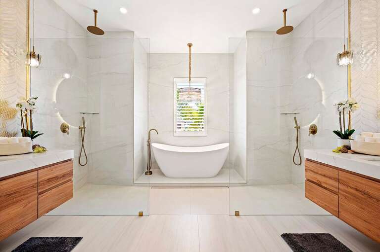 Main Bathroom Suite Features His and Her Sinks, Tub and His and Her Shower