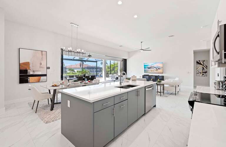 Kitchen has a View of the Dining Space as well as Living Space