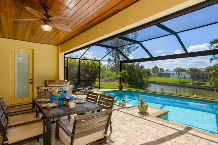 Comfortable chairs, a gas BBQ and chaise lounges are available
