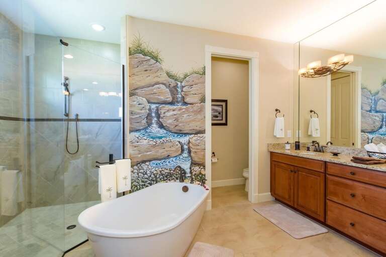 Walk in shower, soaking tub as well as dual sinks and separate toilet