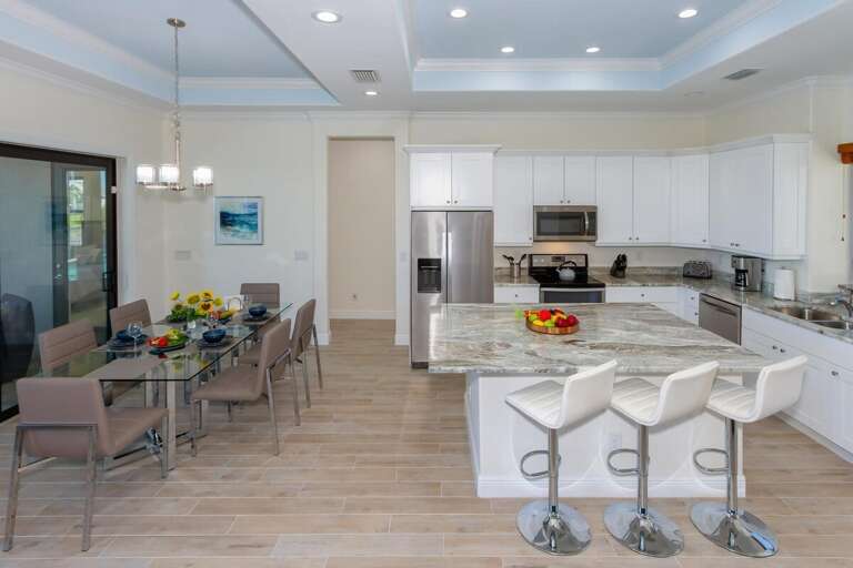 The kitchen features a rare exotic granite
