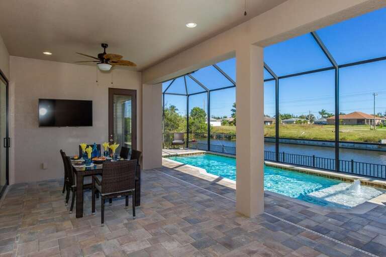 Outdoor entertainment is provided through a flat screen TV