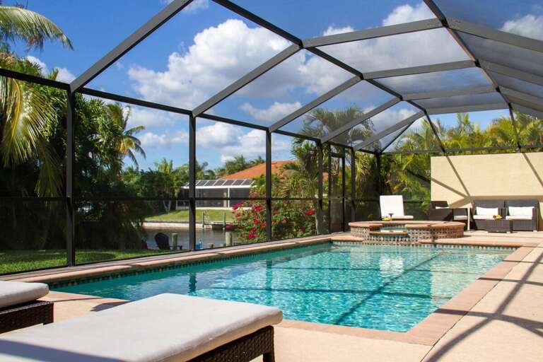 The west facing swimming pool is electrically heated