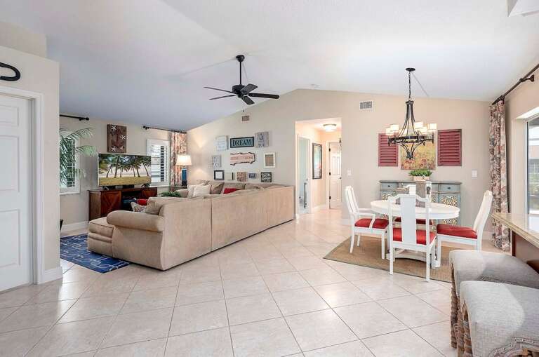 Open Layout merging Family Room with Dining space and Kitchen