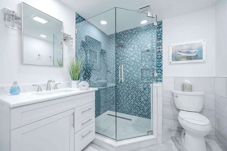 Guest Bathroom with Shower and Sink Connecting King Bedroom and Bunk Bedroom