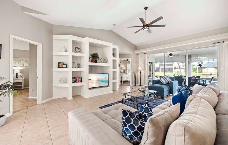 Villa Scarlett Living Room Welcomes you with Views of the Pool