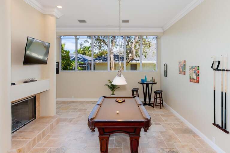 Game Area with Pool Table connected to Kitchen (TV no longer available)
