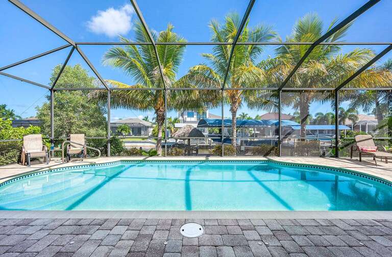 View of Pool and Backyard with Lush Palm Trees