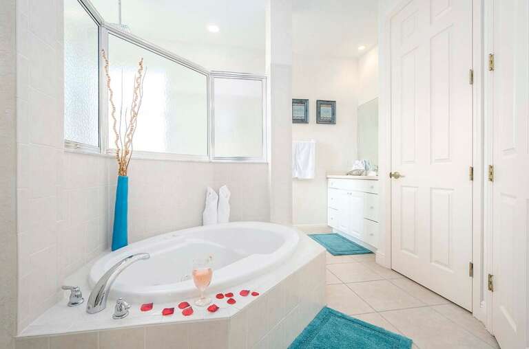 Main Bathroom connected to Main King Bedroom with Garden Tub and Walk in Shower