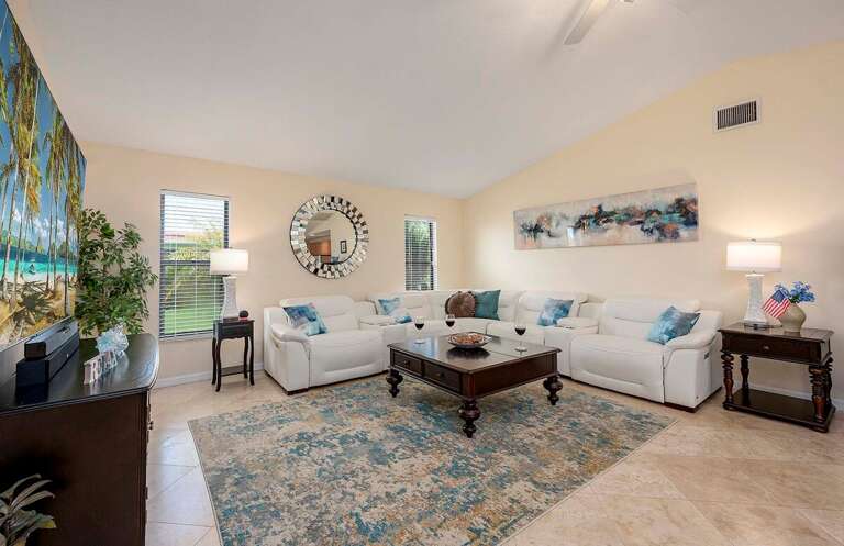 Living Room Features an L-Shaped Couch to Relax