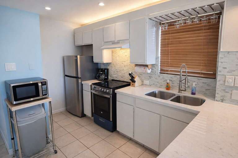 Compact Kitchen Corner, Stainless Steel Fridge, Microwave, Dual Sinks, Wooden Blinds