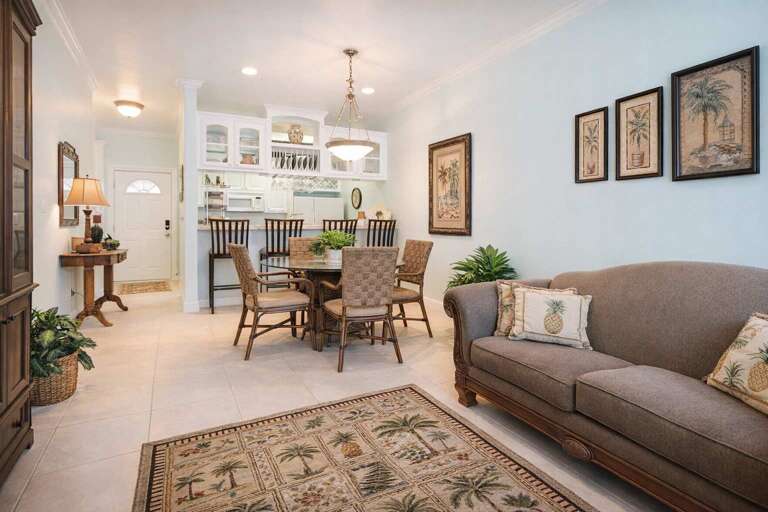 Serene Seating, Patterned Pillows, Framed Foliage, Dining Decor