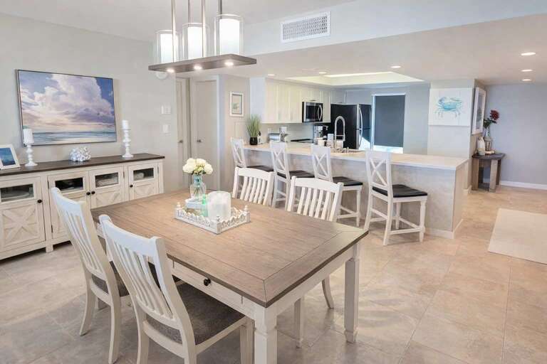 Dining Table, Chairs, Kitchen Counter, Bar Stools, Overhead Lights