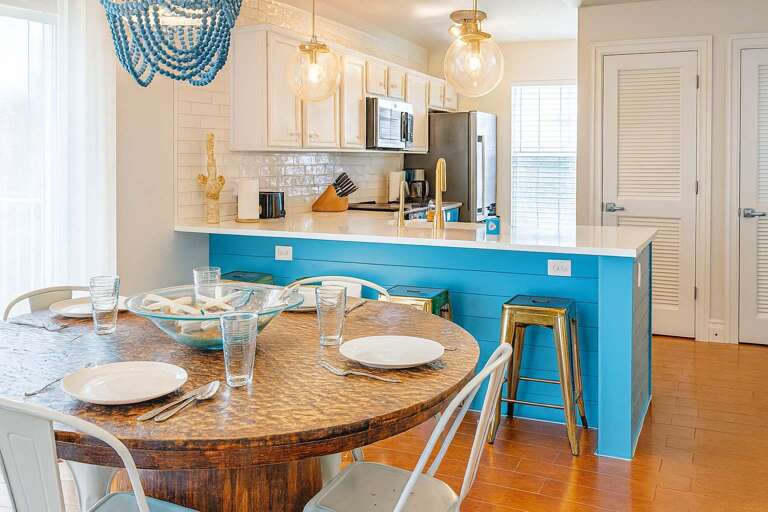 Round Table, Blue Island, Bright Kitchen, Wooden Floor