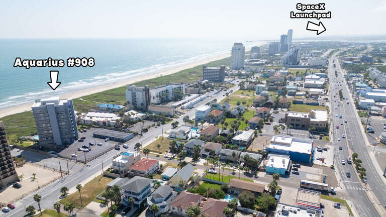 Aerial View Of Beachside Cityscape Near SpaceX Launchpad, Highlighting Aquarius #908 Location