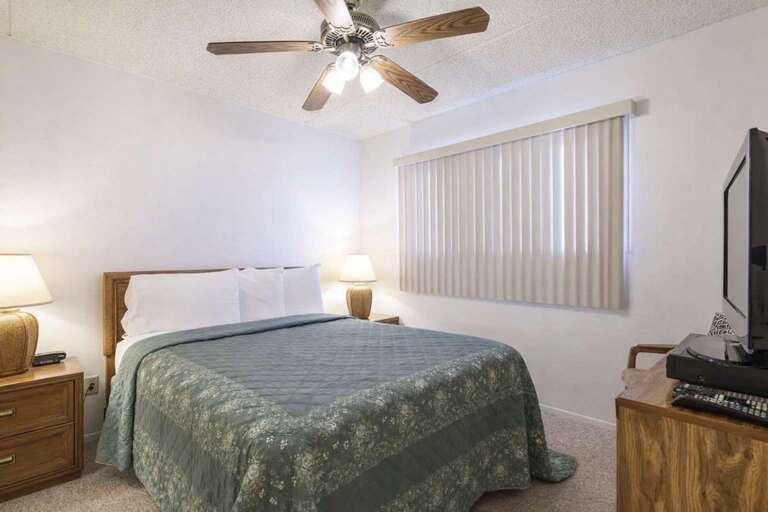 Bed, Blinds, Bedside Lamps, Ceiling Fan, TV
