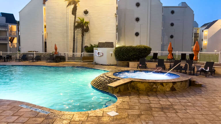 Palm-lined Poolside Panorama, Evening Ambiance At Vacation Rental