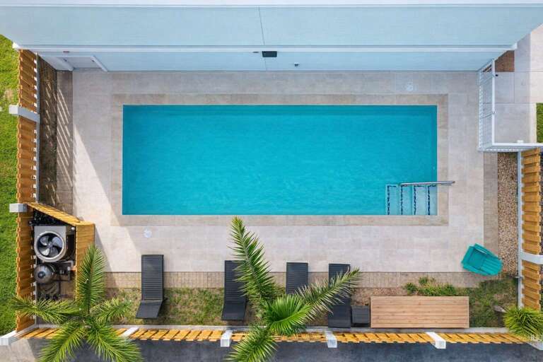 Rectangular Pool, Lush Palm, Poolside Loungers