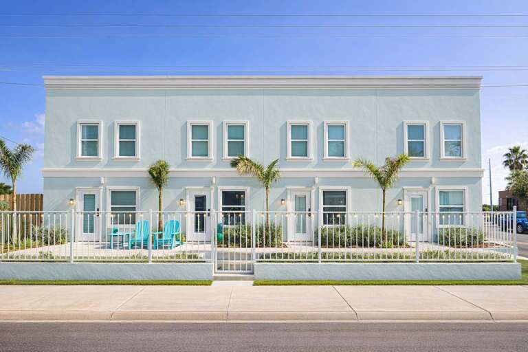 Symmetrical Structure, Palm Trees, Pastel Facade, Blue Sky