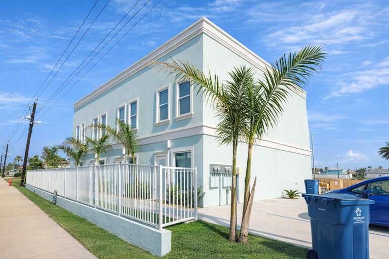 Pale Building, Palm Trees, Pavement Path, Blue Sky