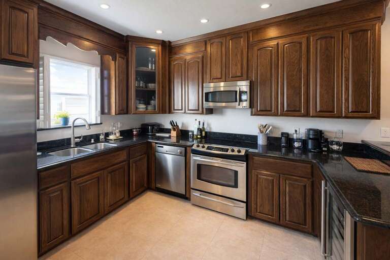 Wooden Cabinets, Stainless Steel Stove, Spacious Sink, Sleek Surfaces