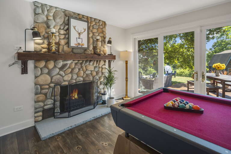 Fireplace, Pool Table, Patio View